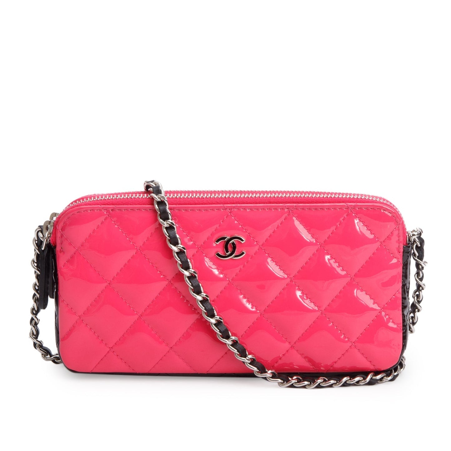 Chanel Pink/Black Patent Leather Quilted Diamond Small CC Double Zip Clutch