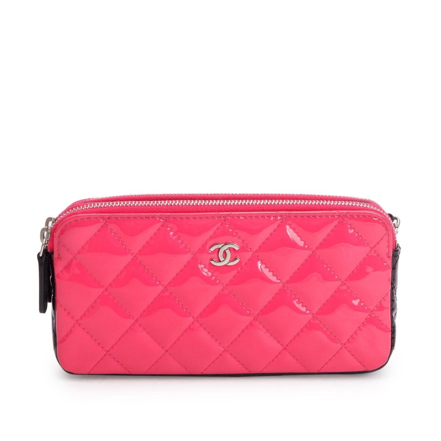 Chanel Pink/Black Patent Leather Quilted Diamond Small CC Double Zip Clutch