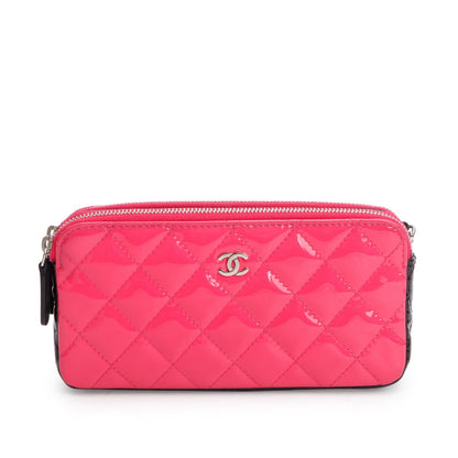 Chanel Pink/Black Patent Leather Quilted Diamond Small CC Double Zip Clutch