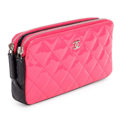 Chanel Pink/Black Patent Leather Quilted Diamond Small CC Double Zip Clutch