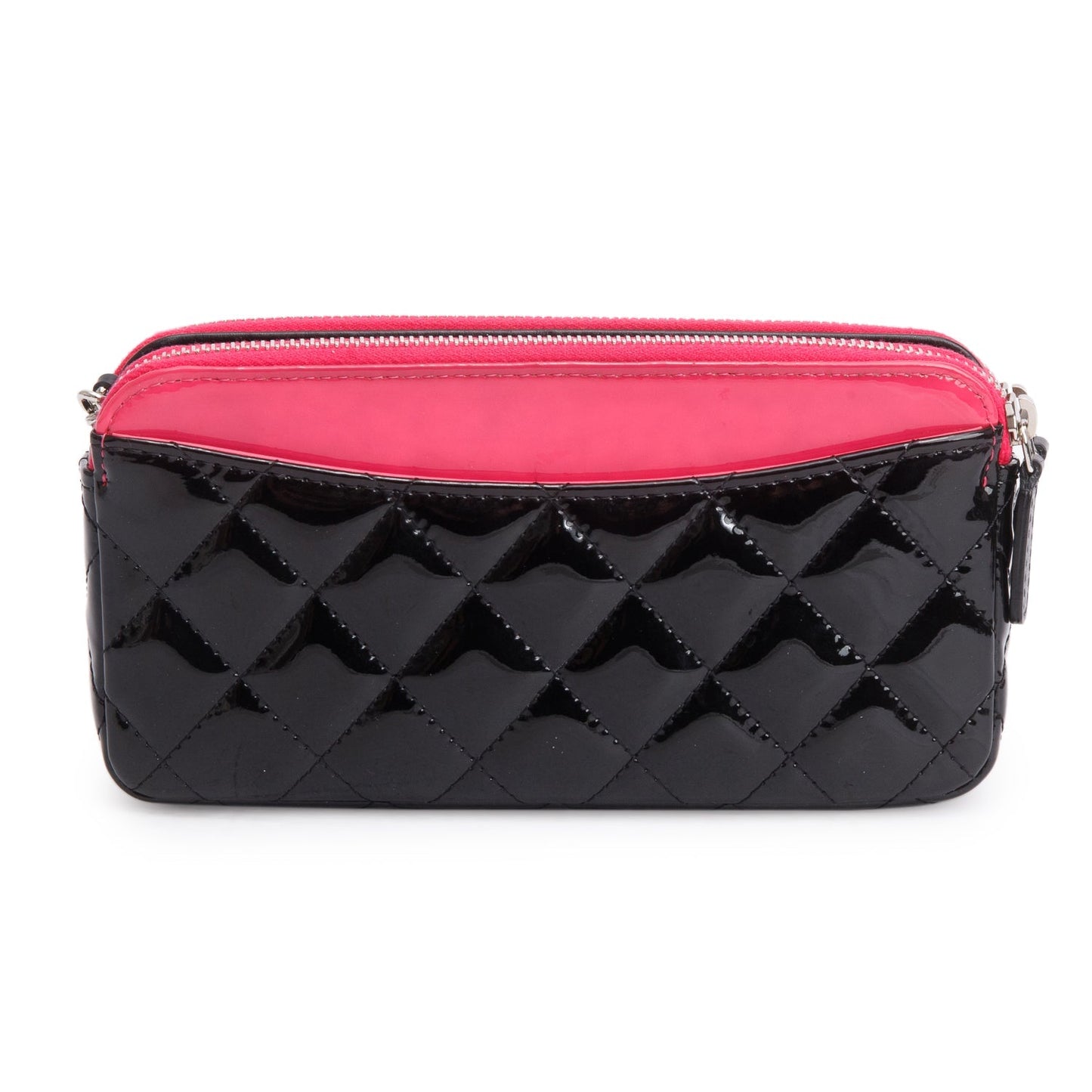 Chanel Pink/Black Patent Leather Quilted Diamond Small CC Double Zip Clutch