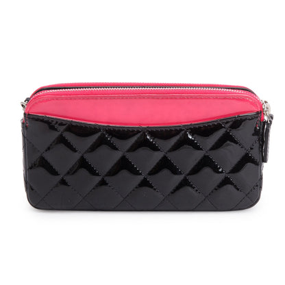 Chanel Pink/Black Patent Leather Quilted Diamond Small CC Double Zip Clutch