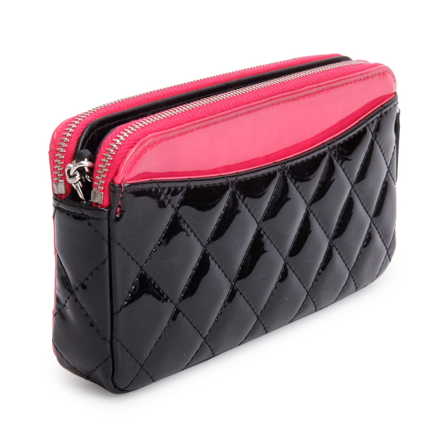 Chanel Pink/Black Patent Leather Quilted Diamond Small CC Double Zip Clutch