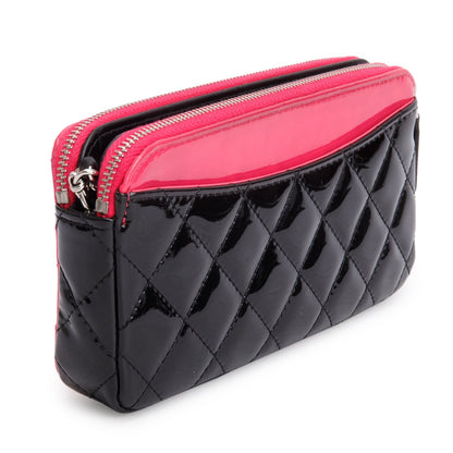 Chanel Pink/Black Patent Leather Quilted Diamond Small CC Double Zip Clutch