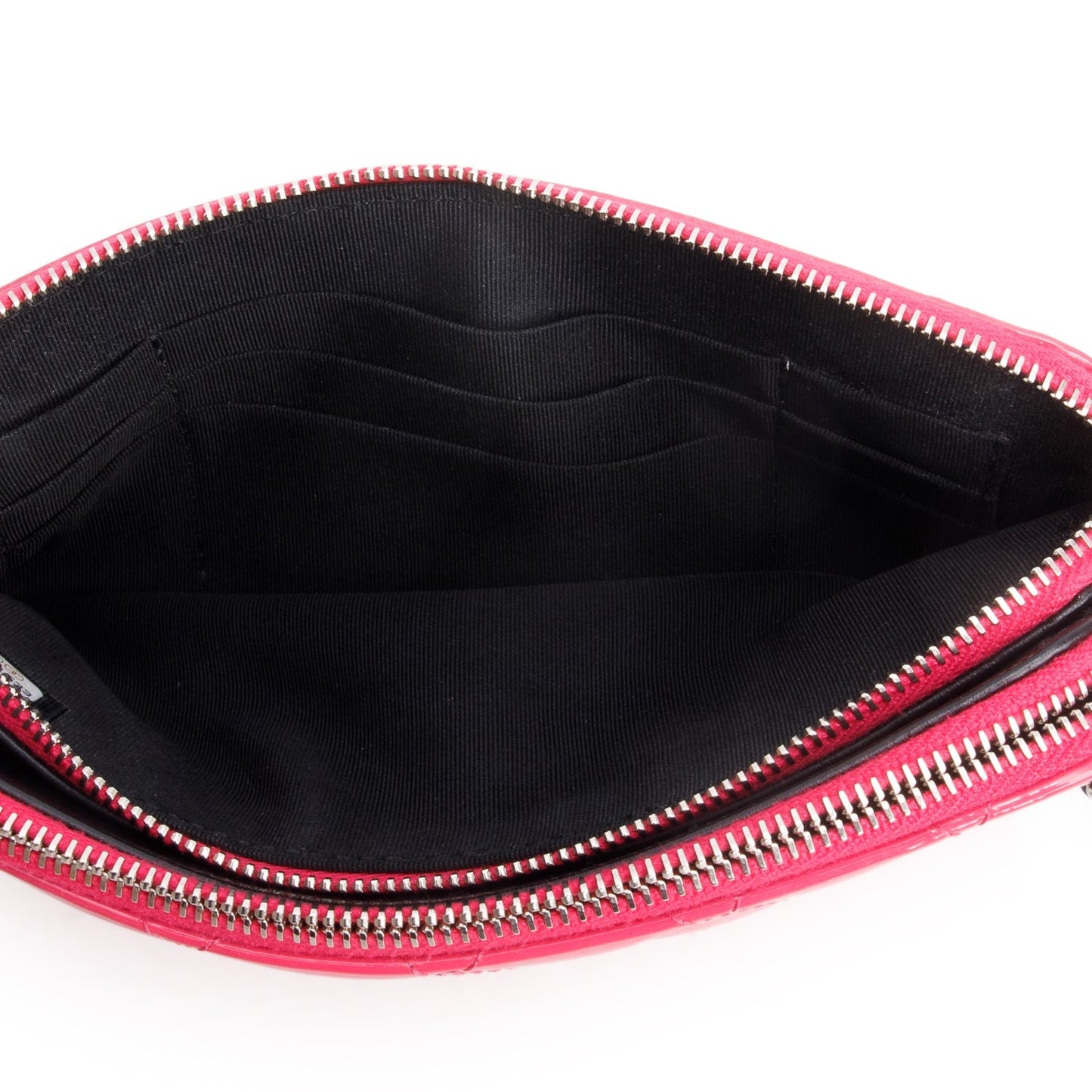 Chanel Pink/Black Patent Leather Quilted Diamond Small CC Double Zip Clutch