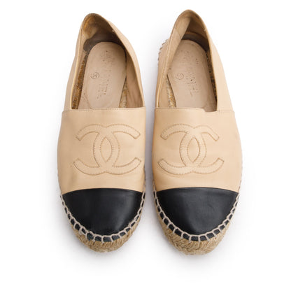 Chanel Neutral & Black Leather CC Logo Espadrilles, Size 37