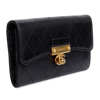 Chanel Black Goatskin Quilted Golden Class Long Wallet