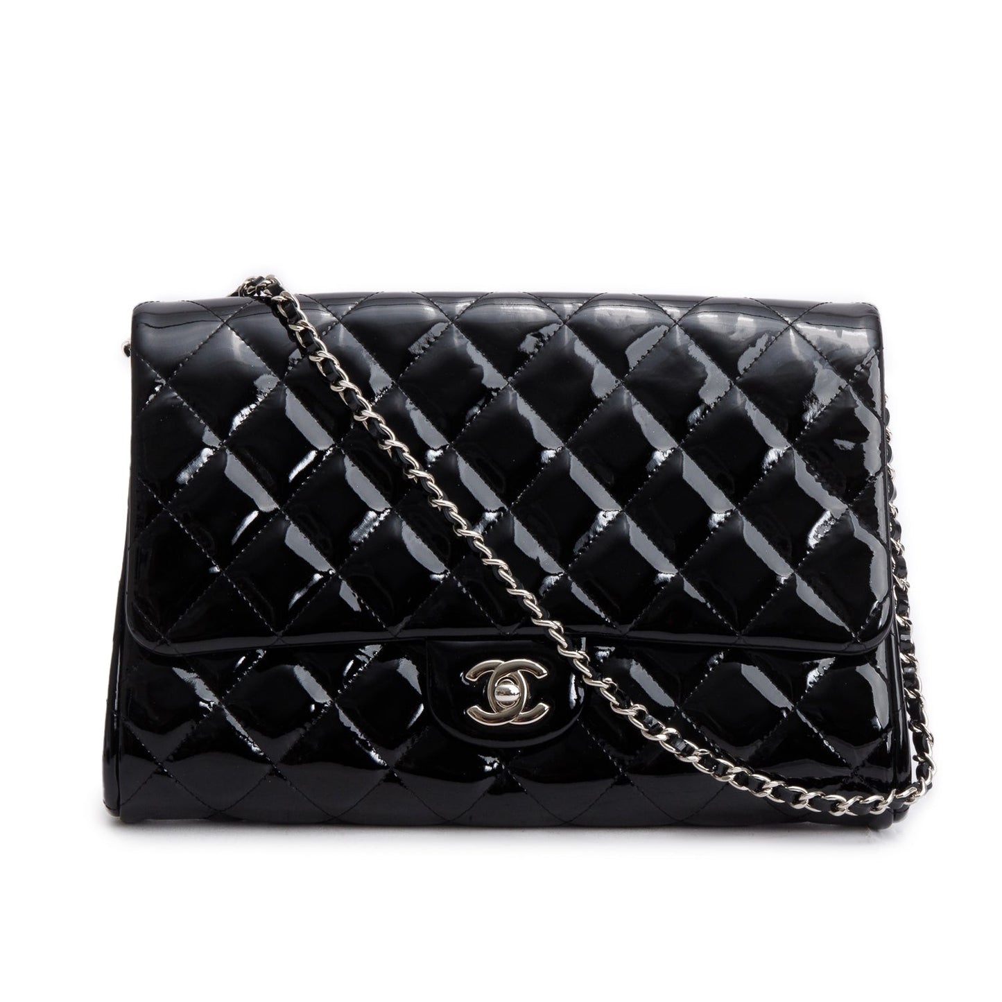 Chanel Black Patent Leather Quilted New Clutch with Chain