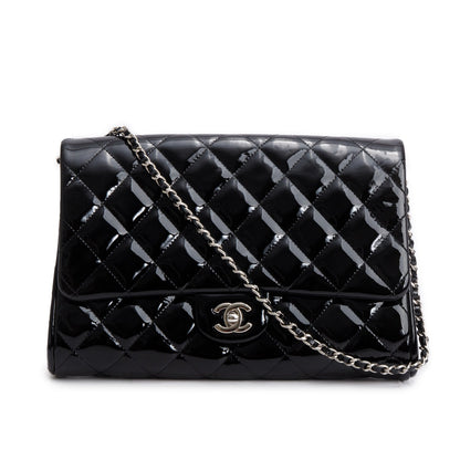 Chanel Black Patent Leather Quilted New Clutch with Chain