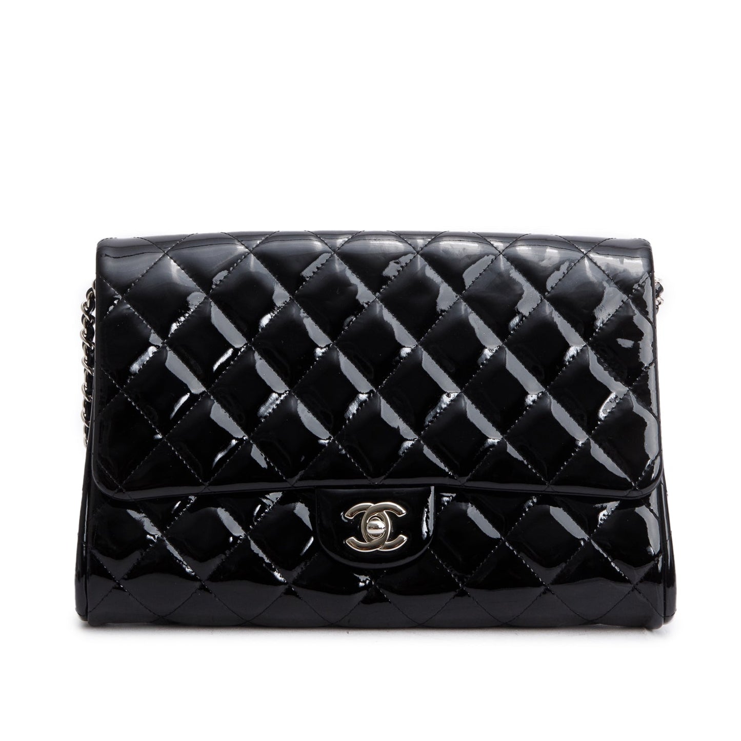 Chanel Black Patent Leather Quilted New Clutch with Chain