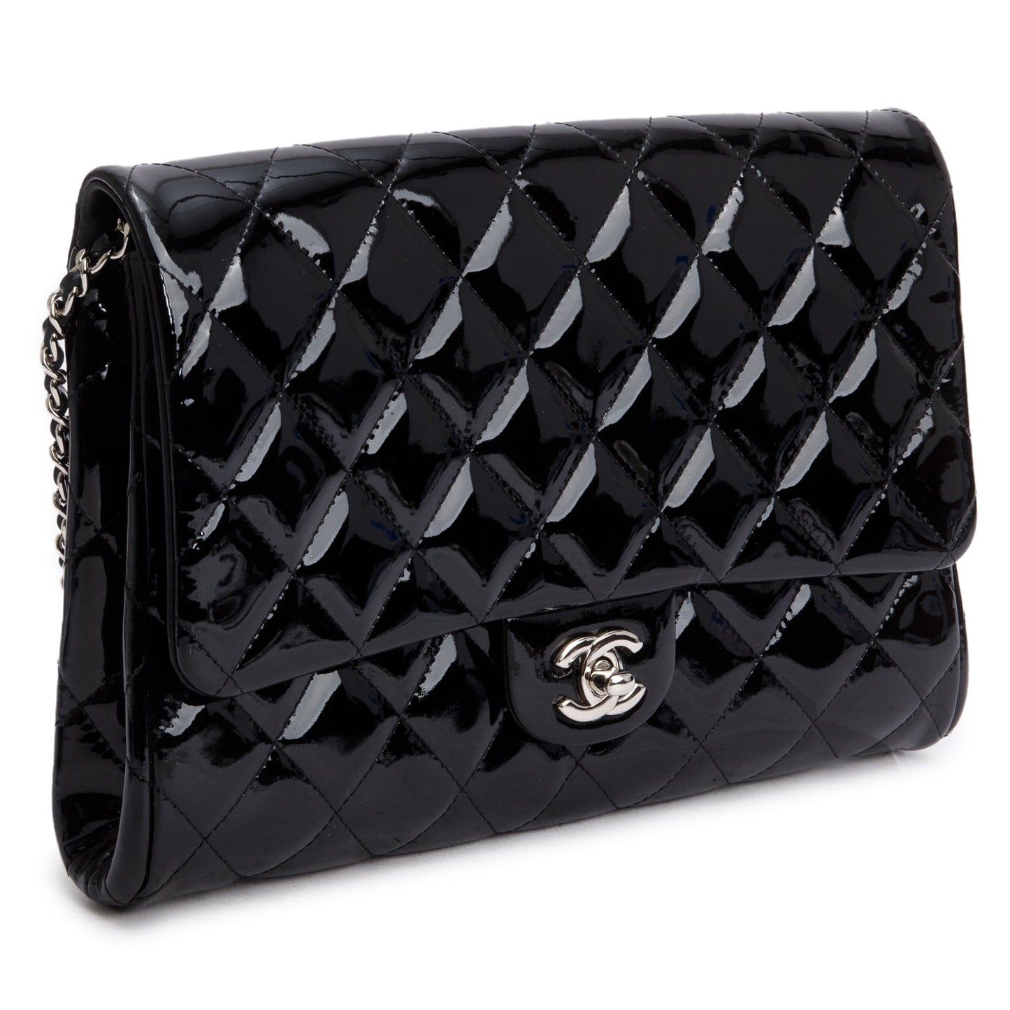 Chanel Black Patent Leather Quilted New Clutch with Chain