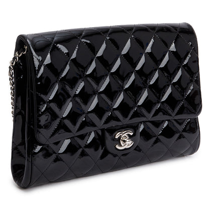 Chanel Black Patent Leather Quilted New Clutch with Chain
