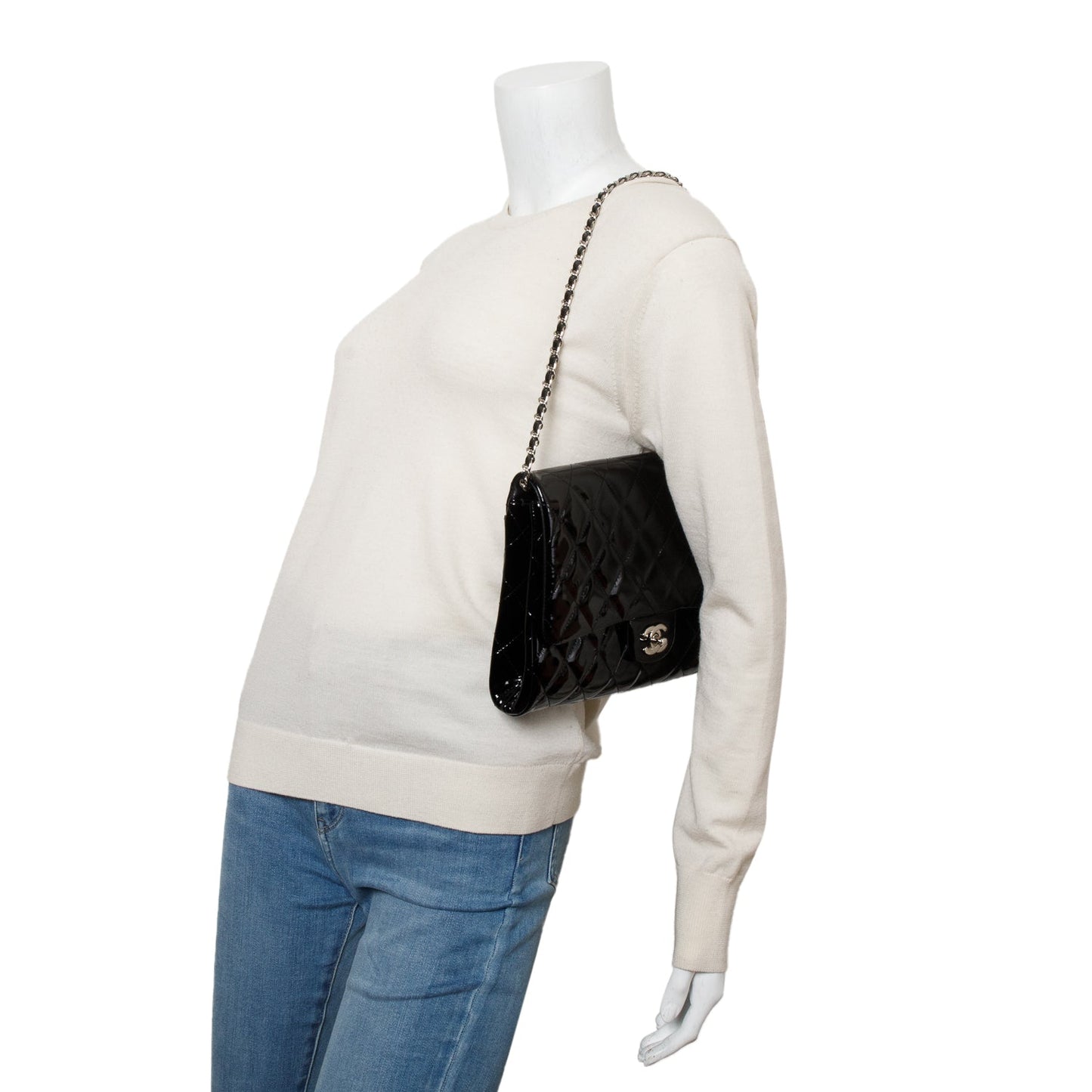 Chanel Black Patent Leather Quilted New Clutch with Chain