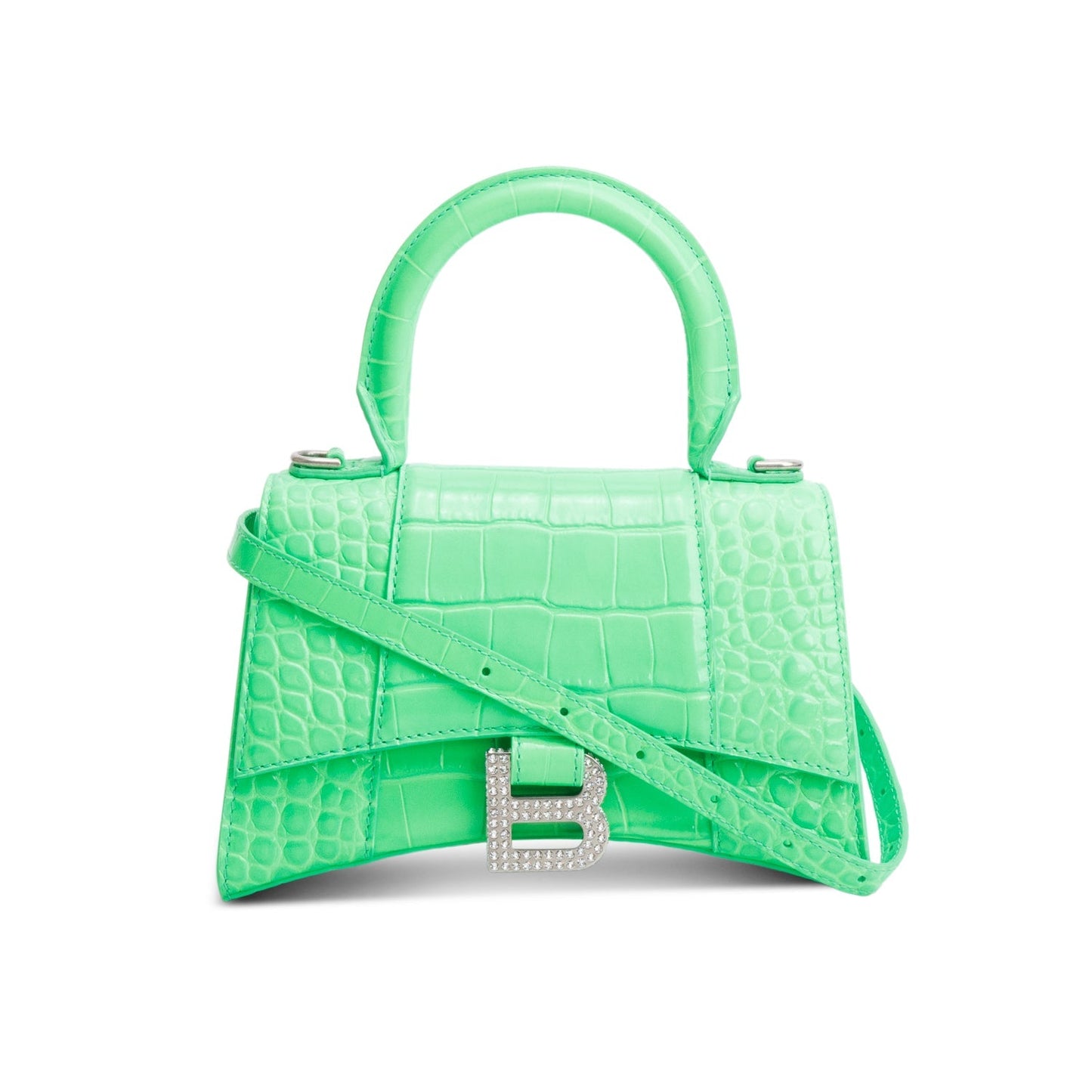 Balenciaga Green Croc-Embossed Leather XS Hourglass Crystal Top Handle Bag
