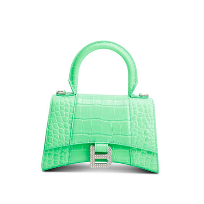 Balenciaga Green Croc-Embossed Leather XS Hourglass Crystal Top Handle Bag
