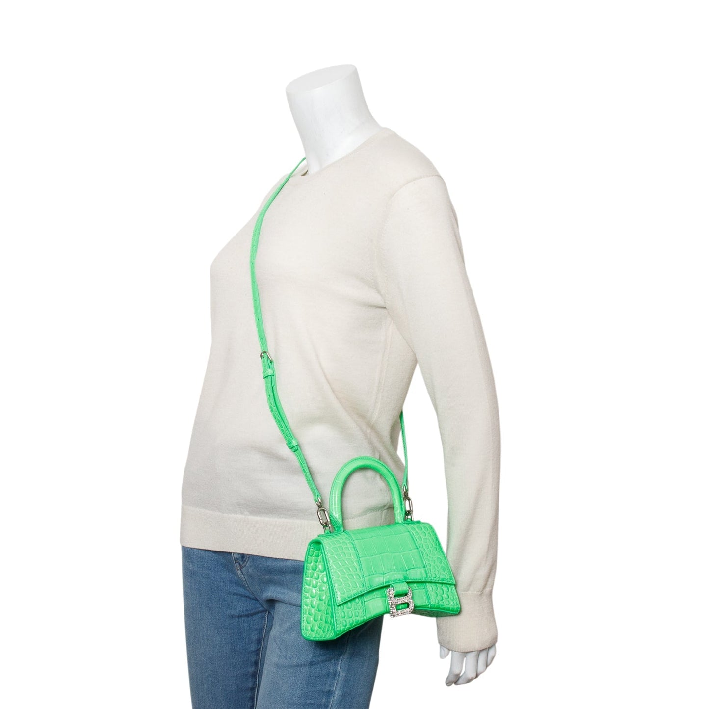 Balenciaga Green Croc-Embossed Leather XS Hourglass Crystal Top Handle Bag