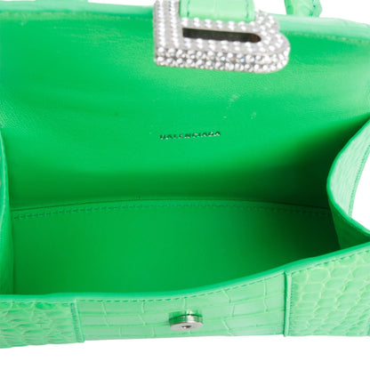 Balenciaga Green Croc-Embossed Leather XS Hourglass Crystal Top Handle Bag