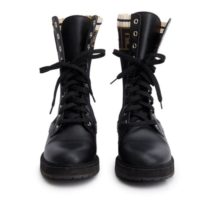 Fendi Black Leather FF Stretch Fabric Rockoko Biker Boots, Size 37