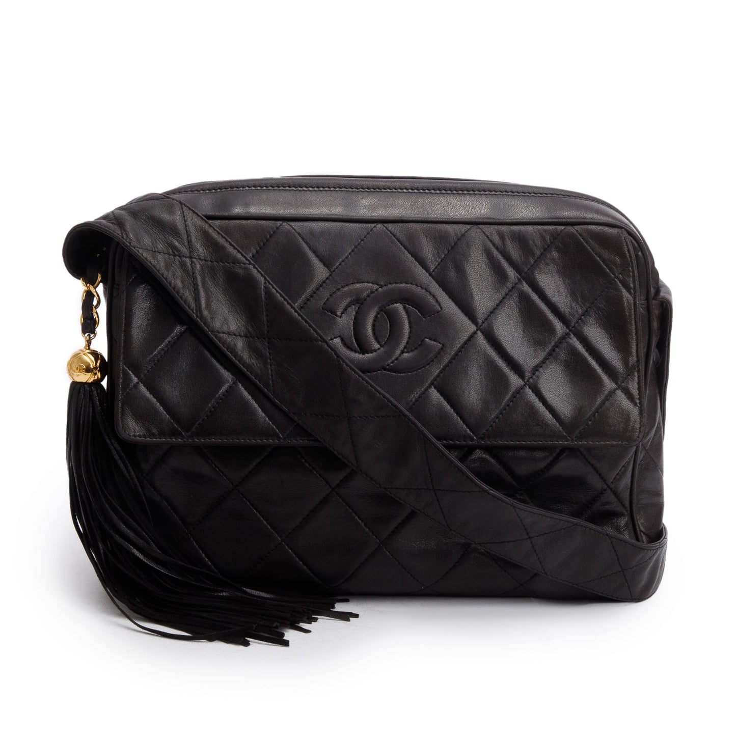 Chanel Vintage Black Lambskin Quilted CC Tassel Camera Bag