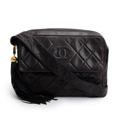 Chanel Vintage Black Lambskin Quilted CC Tassel Camera Bag