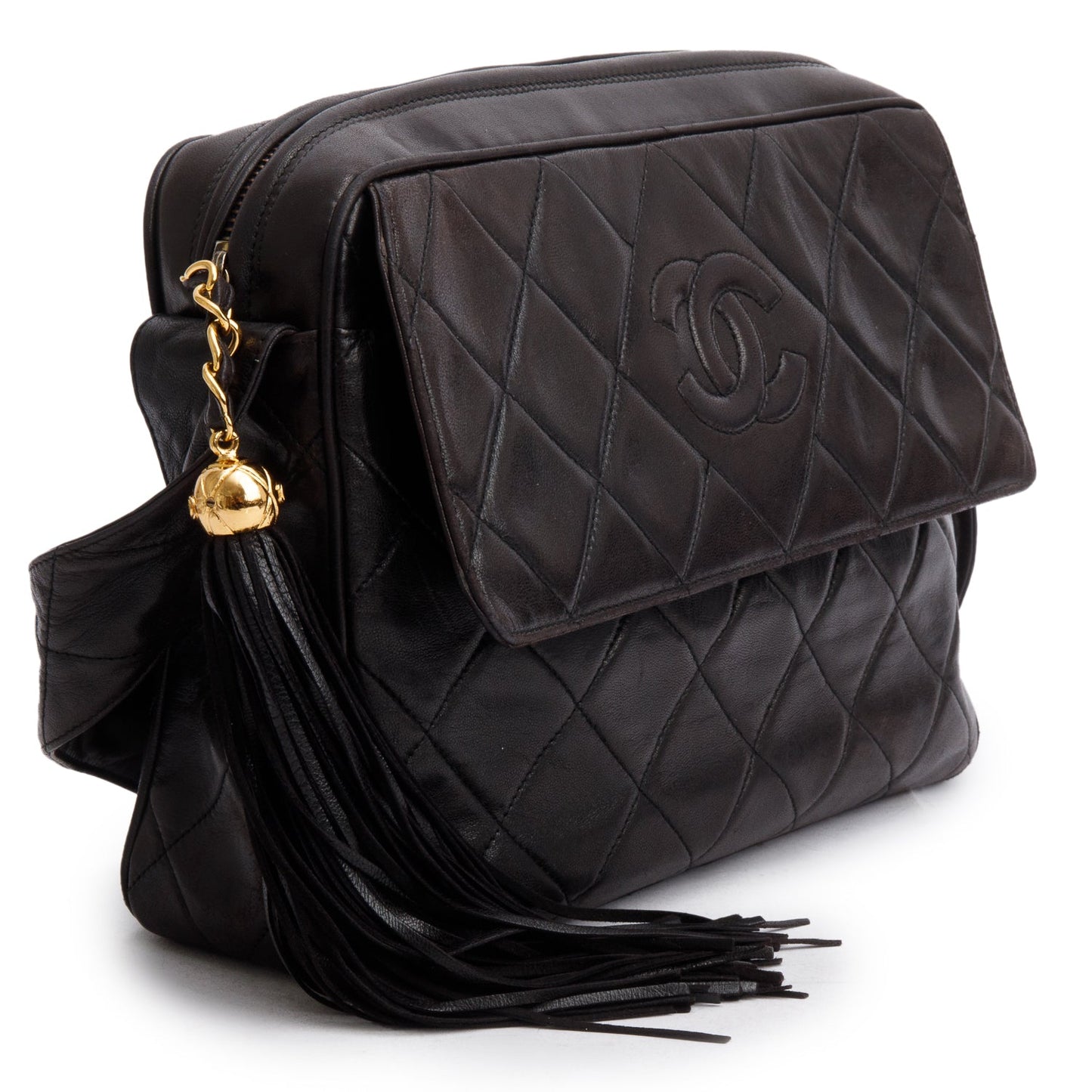 Chanel Vintage Black Lambskin Quilted CC Tassel Camera Bag