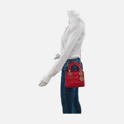 Lady Dior Mini Red Lambskin Leather Gold HW Chain Strap