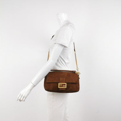Fendi Baguette Selleria Suede Leather Crossbody Bag Medium Caramel Tan