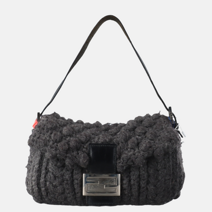 Fendi Baguette Bag Grey Crochet Knit Wool Pompom Shoulder Bag