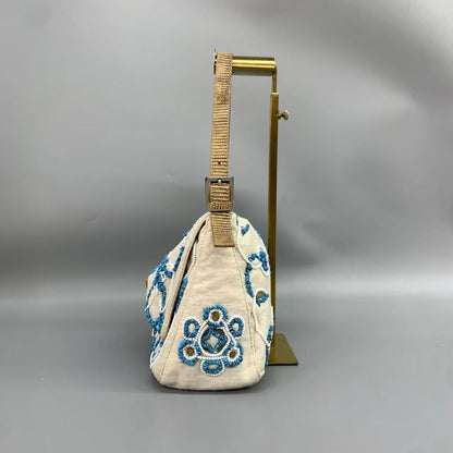 Fendi Mamma Baguette Needlepoint White Canvas and Blue and White Stones Embroidery