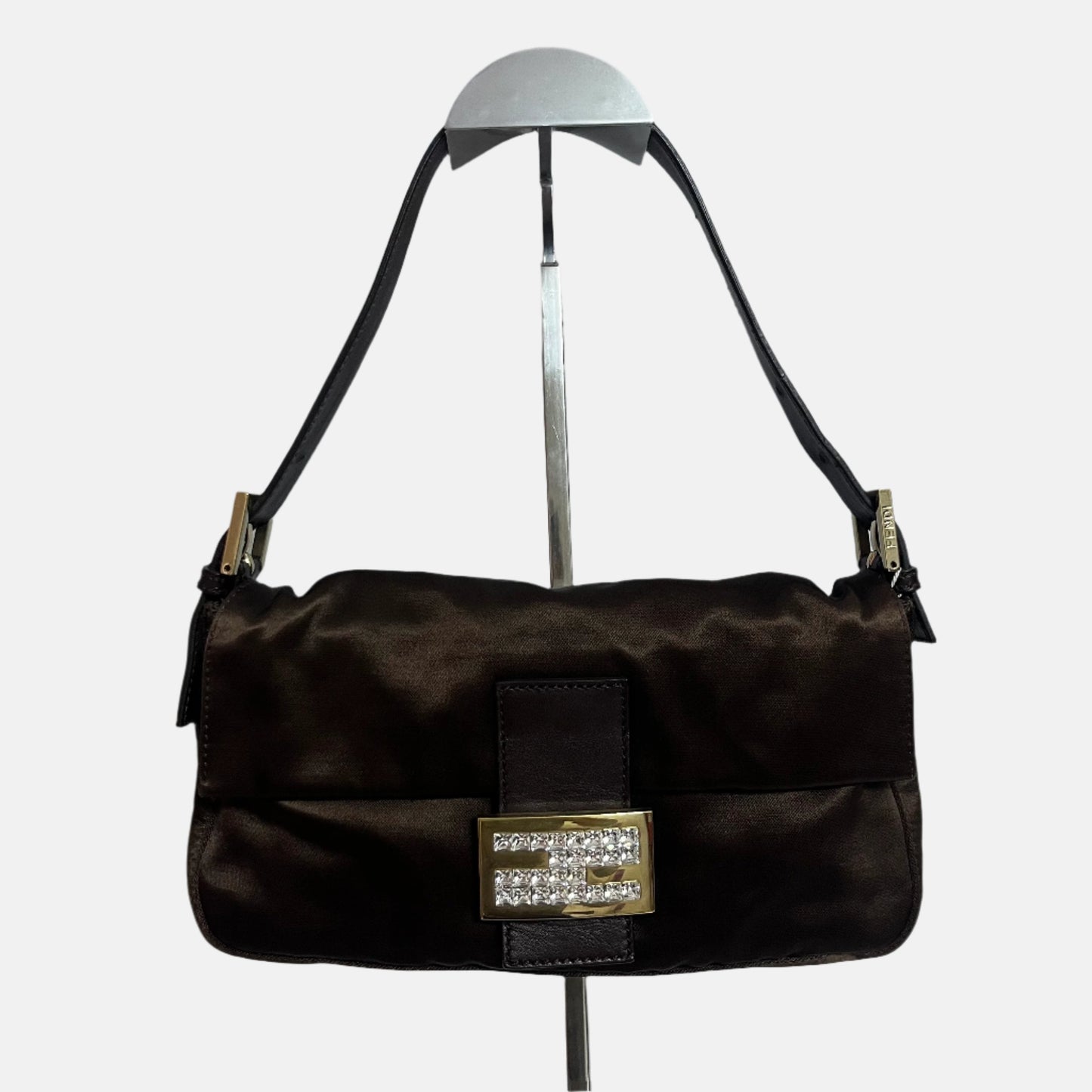 FENDI Baguette Brown Silk Satin with Crystal Buckle Shoulder Bag