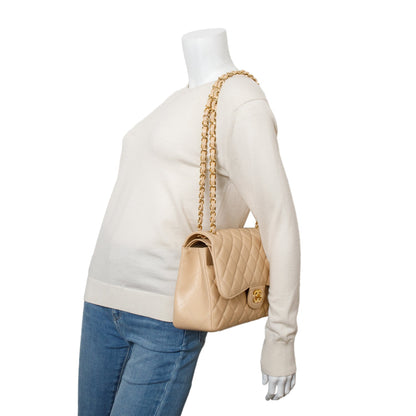 Chanel Beige Quilted Caviar Leather Classic Jumbo Double Flap Bag