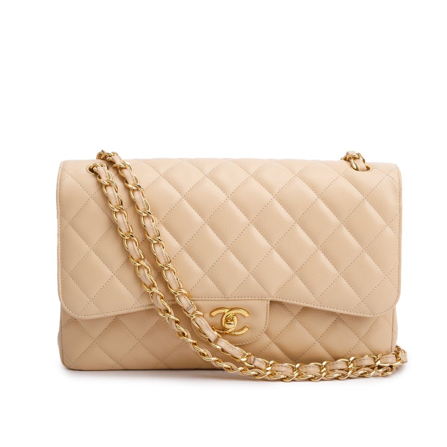 Chanel Beige Quilted Caviar Leather Classic Jumbo Double Flap Bag