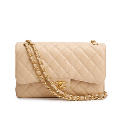 Chanel Beige Quilted Caviar Leather Classic Jumbo Double Flap Bag