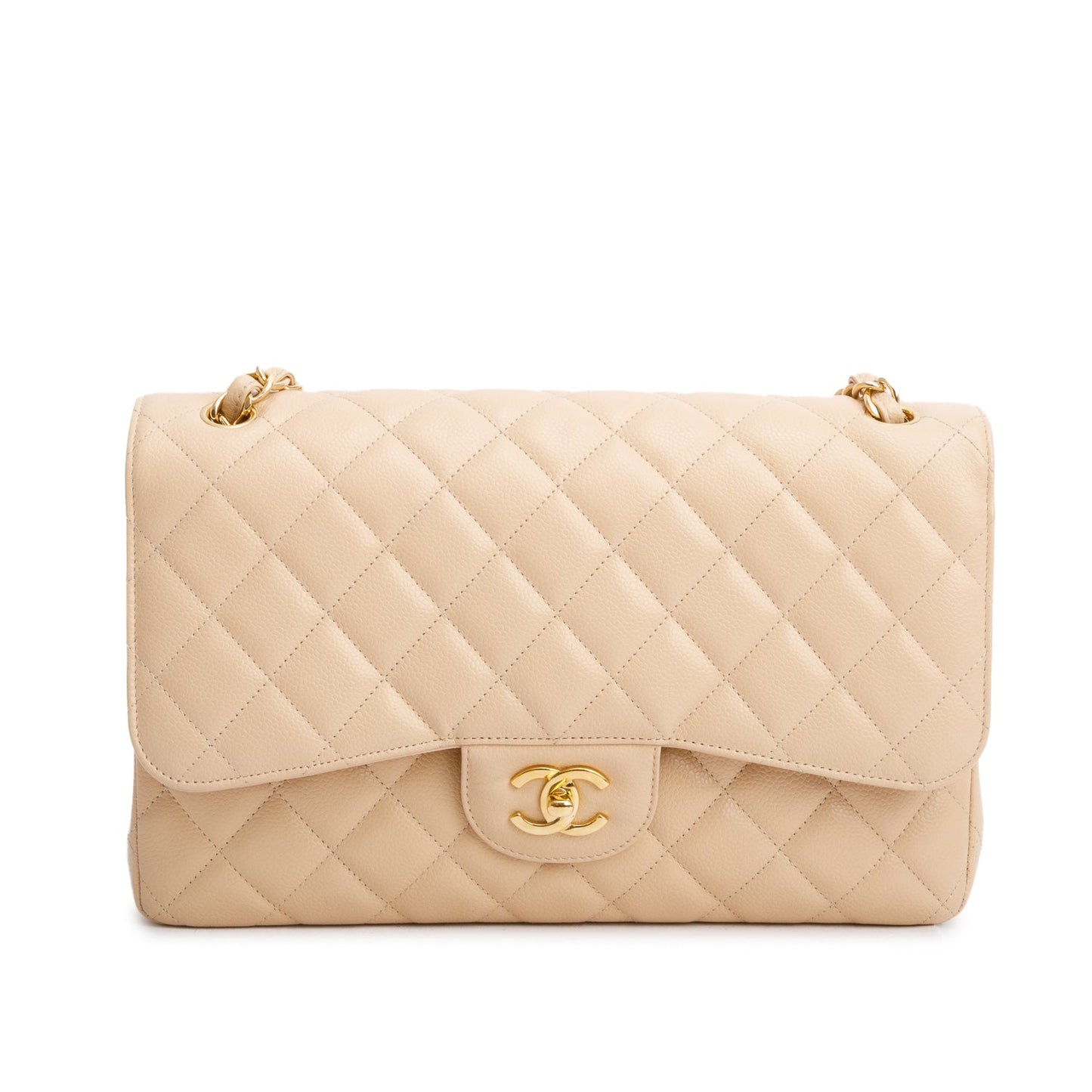 Chanel Beige Quilted Caviar Leather Classic Jumbo Double Flap Bag
