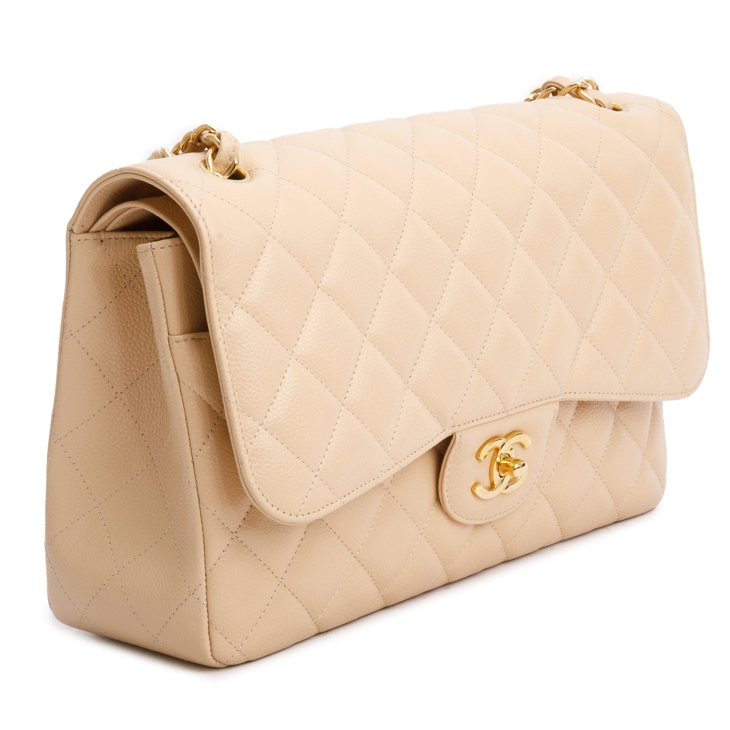 Chanel Beige Quilted Caviar Leather Classic Jumbo Double Flap Bag