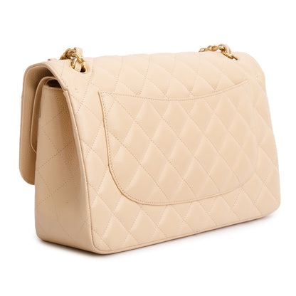 Chanel Beige Quilted Caviar Leather Classic Jumbo Double Flap Bag