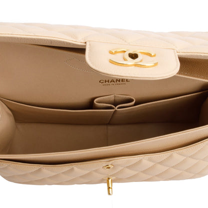 Chanel Beige Quilted Caviar Leather Classic Jumbo Double Flap Bag