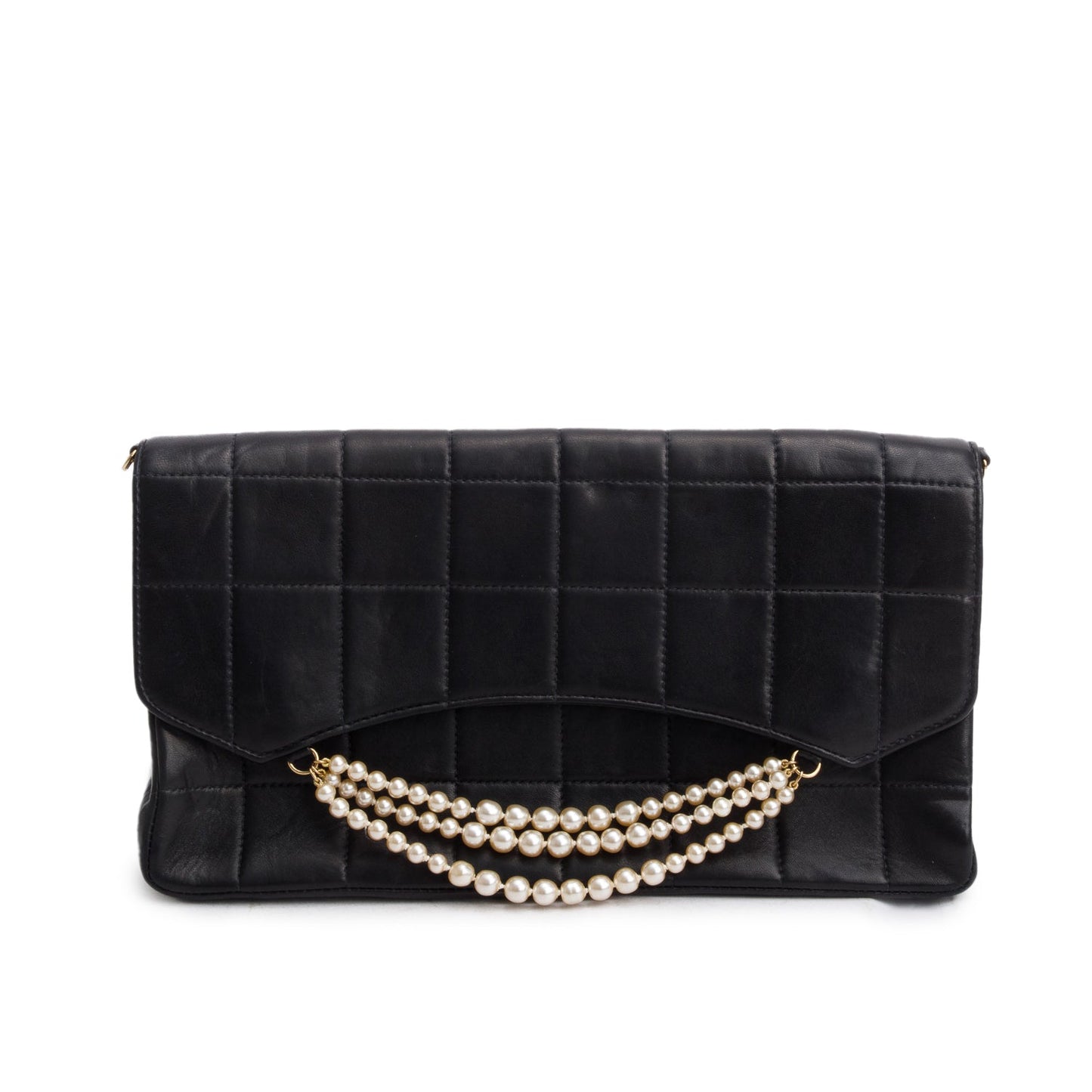 Chanel Vintage Black Lambskin Quilted Chocolate Bar Pearl Flap Bag
