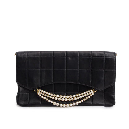 Chanel Vintage Black Lambskin Quilted Chocolate Bar Pearl Flap Bag