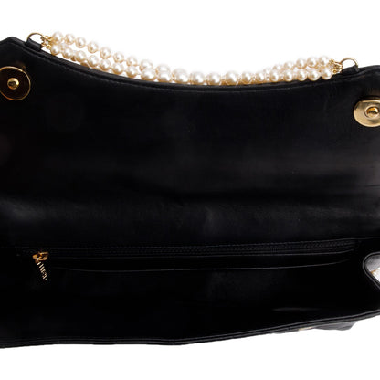 Chanel Vintage Black Lambskin Quilted Chocolate Bar Pearl Flap Bag