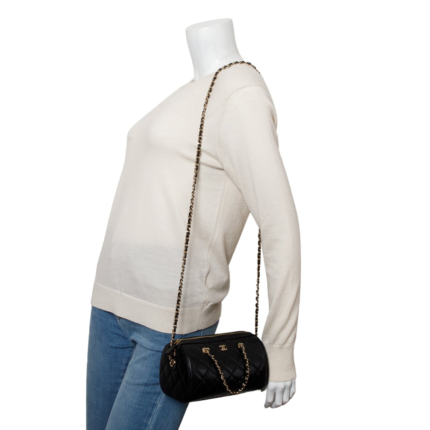 Chanel 2025 Black Caviar Quilted Leather Mini Bowling Bag