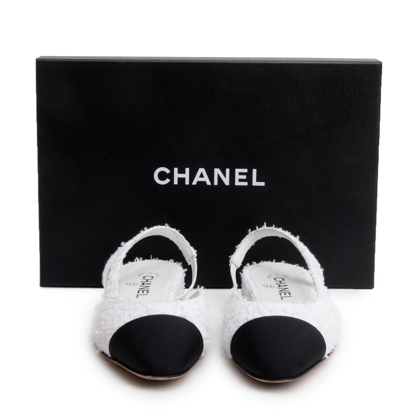 Chanel White Tweed Cap Toe CC Slingback Flat, Size 38