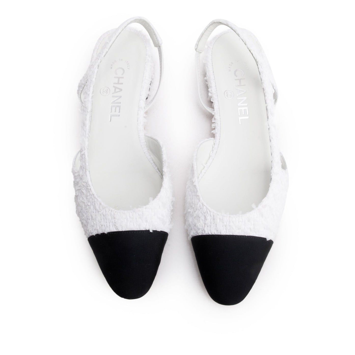 Chanel White Tweed Cap Toe CC Slingback Flat, Size 38
