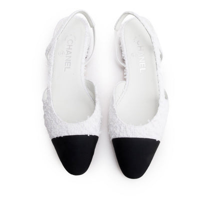 Chanel White Tweed Cap Toe CC Slingback Flat, Size 38