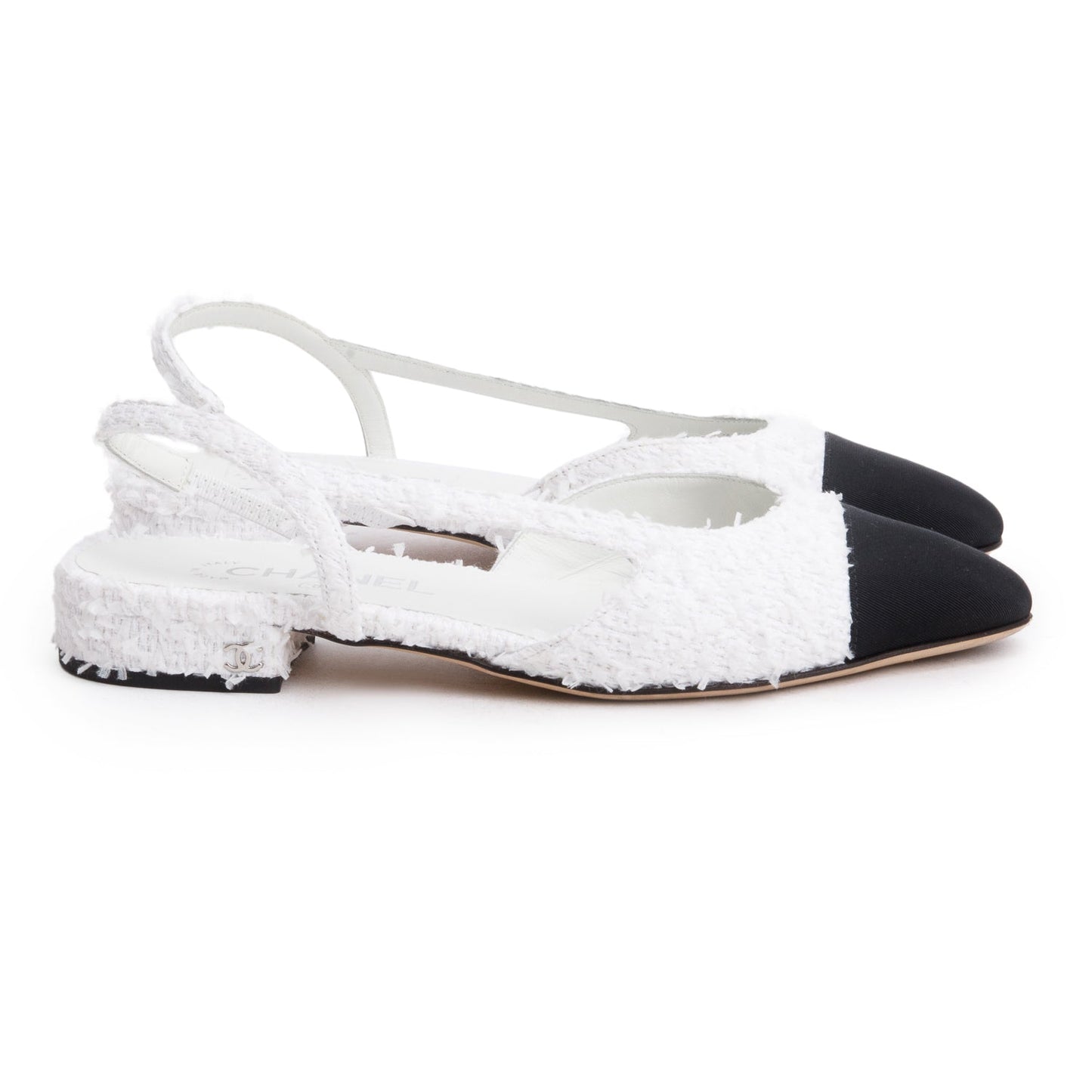 Chanel White Tweed Cap Toe CC Slingback Flat, Size 38