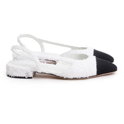 Chanel White Tweed Cap Toe CC Slingback Flat, Size 38