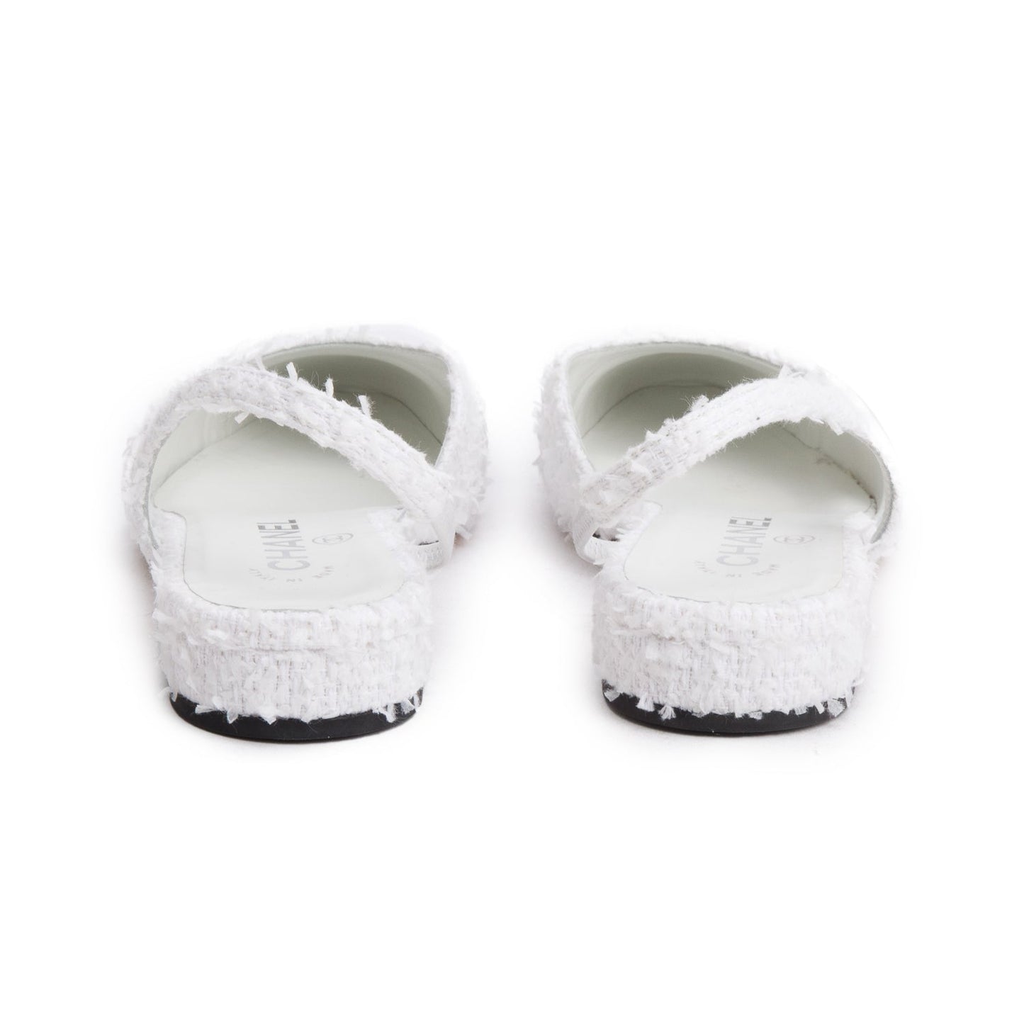 Chanel White Tweed Cap Toe CC Slingback Flat, Size 38