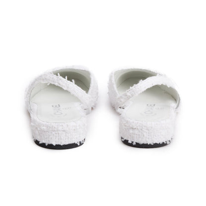Chanel White Tweed Cap Toe CC Slingback Flat, Size 38