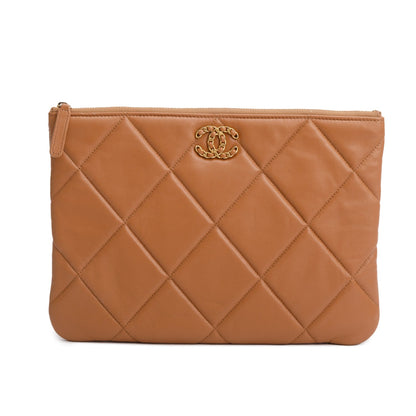 Chanel Beige Quilted Lambskin Leather Large 19 Pouch