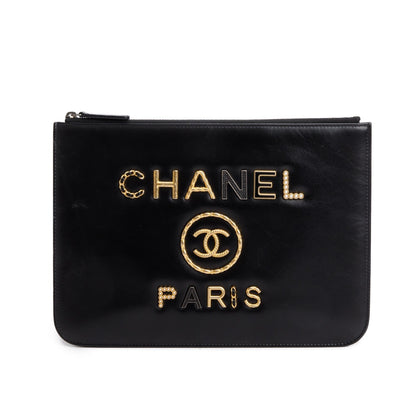 Chanel 2020 Black Lambskin Leather Large Faux Pearl& Strass Deauville Pouch
